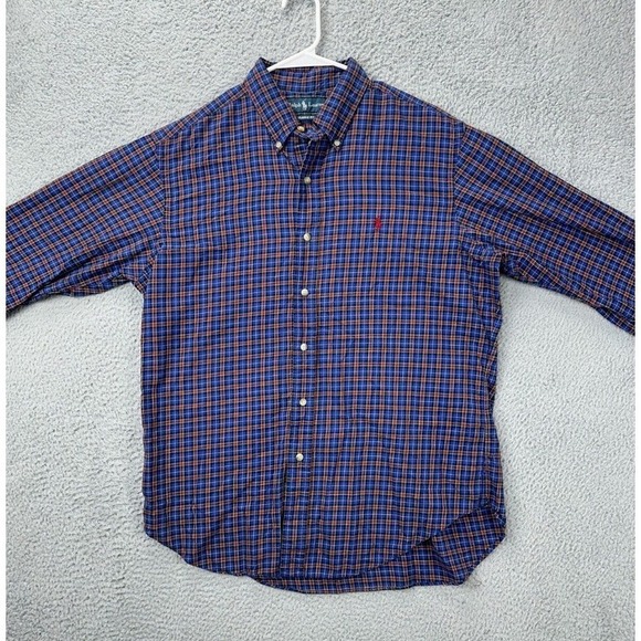 Ralph Lauren Shrit Men Large Blue Plaid Classic Fit Pony Button Down Long Sleeve